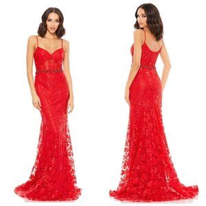 MAC DUGGAL Embroidered Illusion Bodice Sleeveless Trumpet Gown in Red Size US 4